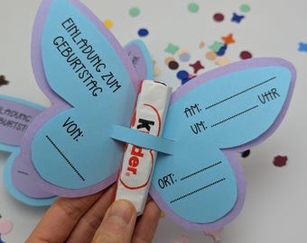 PDF print template invitation children's birthday butterfly girl with chocolate to make yourself, DIY invitation card