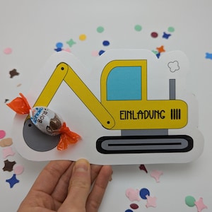PDF Druckvorlage Einladung Kindergeburtstag Bagger Baustelle Junge, Mädchen mit Schokolade zum selber basteln, DIY Einladungskarte
