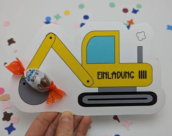 Plantilla para imprimir en PDF invitación cumpleaños infantil excavadora obra niño, niña con chocolate para hacer tú mismo, tarjeta de invitación DIY