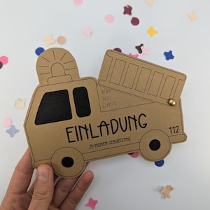 PDF Druckvorlage Einladung Kindergeburtstag Junge, Mädchen Feuerwehr zum selber basteln, DIY Einladungskarte Geburtstag Feuerwehrauto