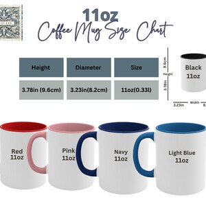 Puede incluir: Una tabla de tallas para tazas de caf&eacute; de 11 oz, que muestra las dimensiones de las tazas en pulgadas y cent&iacute;metros. La tabla incluye cuatro opciones de color diferentes: rojo, rosa, azul marino y azul claro. Cada taza tiene un interior blanco y un borde de color.