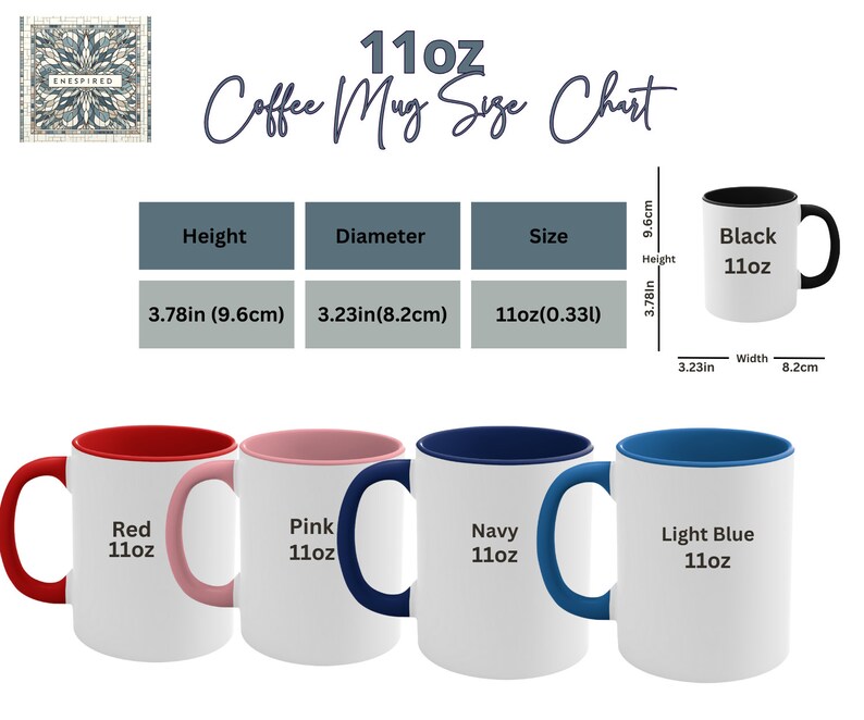 Puede incluir: Una tabla de tallas para tazas de caf&eacute; de 11 oz, que muestra las dimensiones de las tazas en pulgadas y cent&iacute;metros. La tabla incluye cuatro opciones de color diferentes: rojo, rosa, azul marino y azul claro. Cada taza tiene un interior blanco y un borde de color.