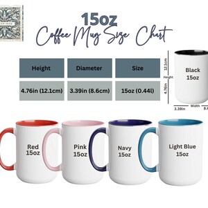 Puede incluir: Una tabla de tallas para tazas de caf&eacute; de 15 oz. La tabla muestra la altura y el di&aacute;metro de la taza en pulgadas y cent&iacute;metros. La tabla tambi&eacute;n muestra el tama&ntilde;o de la taza en onzas y mililitros. La tabla incluye cinco tazas de diferentes colores: negro, rojo, rosa, azul marino y azul claro.