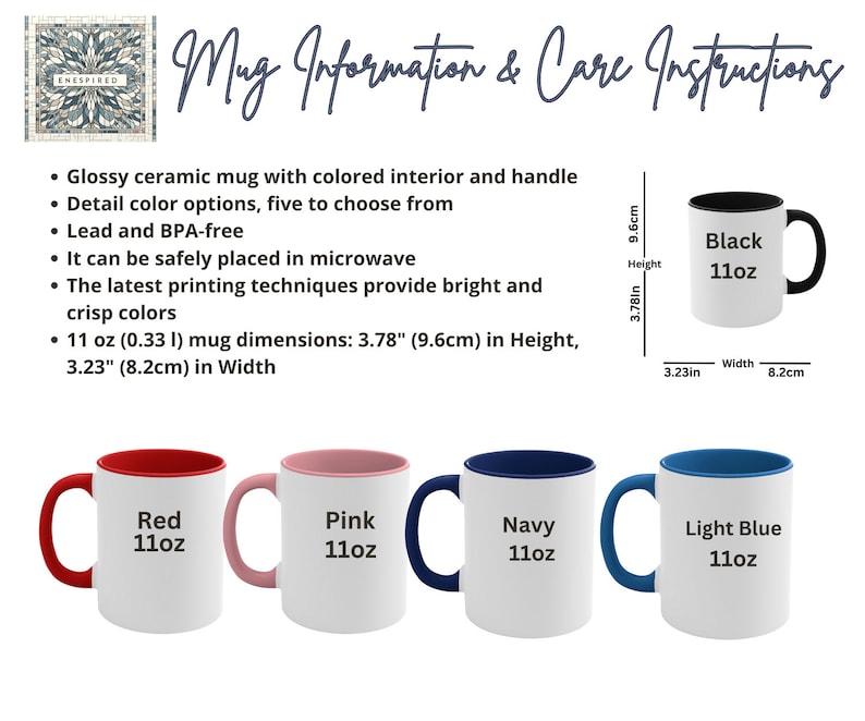 Puede incluir: Cinco tazas de cer&aacute;mica de 11 onzas con interiores y asas de colores. Las tazas est&aacute;n disponibles en rojo, rosa, azul marino, azul claro y negro. Las tazas miden 9,6 cm de alto y 8,2 cm de ancho.