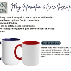 Puede incluir: Dos tazas de cer&aacute;mica blanca con interior y asas de colores. La taza de la izquierda tiene un interior y un asa azules, y la taza de la derecha tiene un interior y un asa rojos. El texto "Care Instructions" es visible en un rect&aacute;ngulo gris. El texto debajo dice "PLEASE NOTE: While these beautiful mugs are microwave and dishwasher safe, we recommend handwashing to ensure the graphic designs stay vibrant for years to come."
