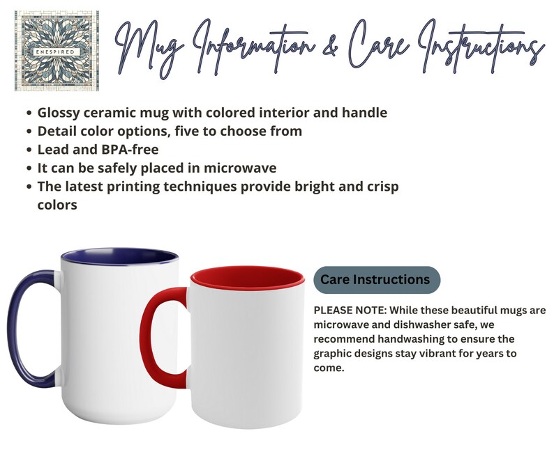 Puede incluir: Dos tazas de cer&aacute;mica blanca con interior y asas de colores. La taza de la izquierda tiene un interior y un asa azules, y la taza de la derecha tiene un interior y un asa rojos. El texto "Care Instructions" es visible en un rect&aacute;ngulo gris. El texto debajo dice "PLEASE NOTE: While these beautiful mugs are microwave and dishwasher safe, we recommend handwashing to ensure the graphic designs stay vibrant for years to come."