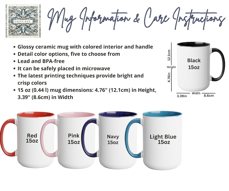 Puede incluir: Cinco tazas de cer&aacute;mica de 15 onzas con interiores y asas de colores. Las tazas est&aacute;n disponibles en rojo, rosa, azul marino, azul claro y negro.