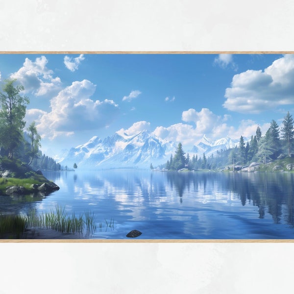 Frame TV Art Lake view | Digital Download | Flat Screen TV Art | Printable Art | Computer Screen | Blue Sky Wall Art