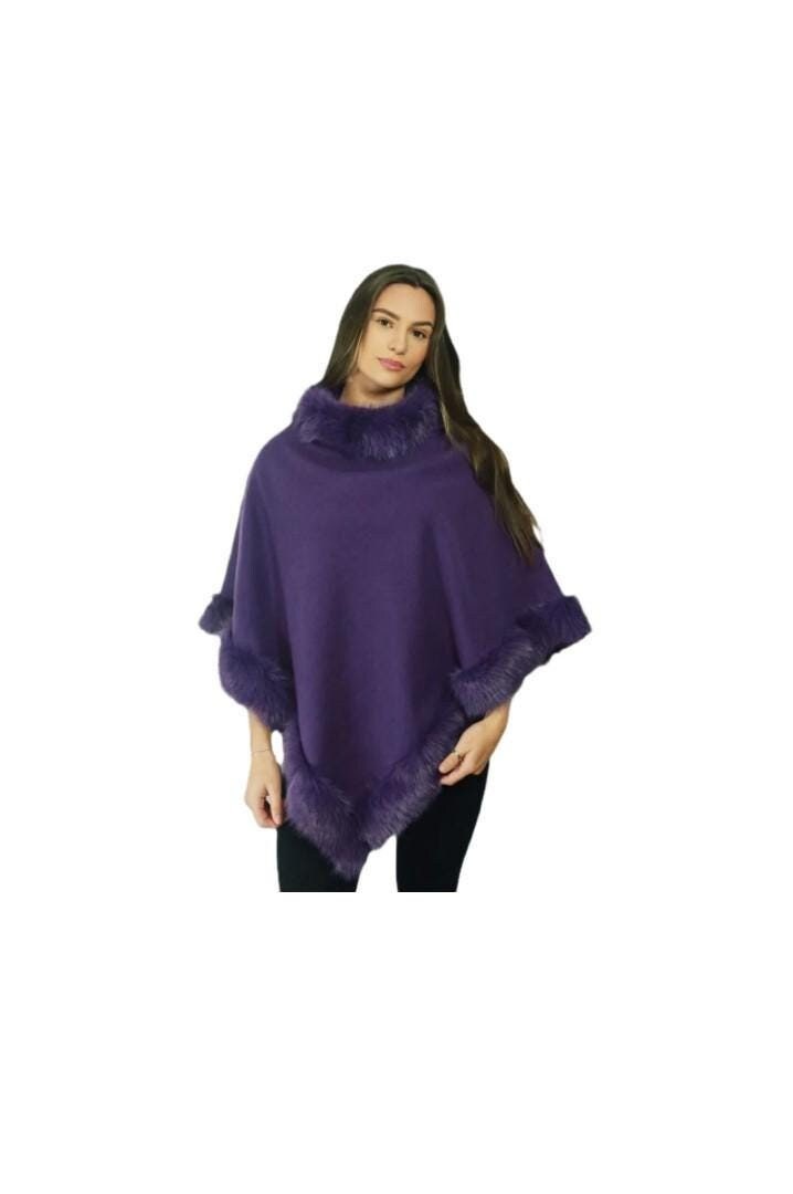 Winter Poncho Shawl Wrap Women Cape Faux Fur Trim Coat Sleeveless Cardigan Dressy Cloak One Size Black