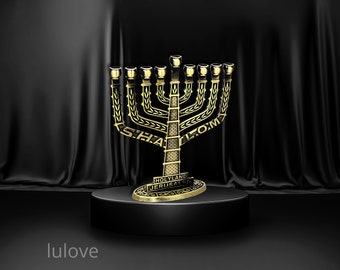 Yellow Bronze 9-Branch Knesset Menorah Featuring Israeli Symbols and Jerusalem Imagery - A Perfect Hanukkah Gift from Jerusalem.