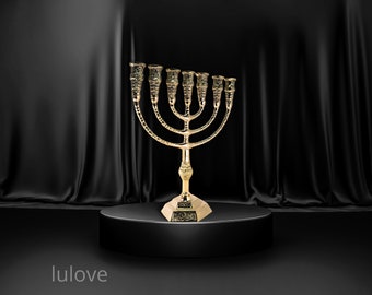 Engraved brass temple menorah with seven branches, vintage style, 12 inches in height. Can be used as a candle holder for oil or candles.