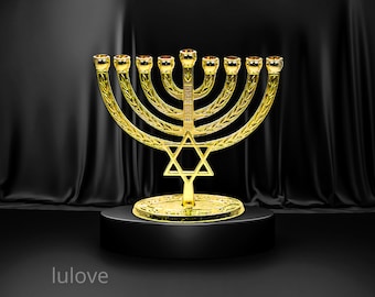 Gold-Plated 14k Shiny Star of David Chanukiah with 9 Branches for Hanukkah - Jerusalem Design Hanukia from Israel, Perfect as a Gift.