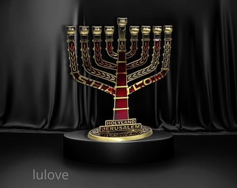 This is a Bronze & Red Enamel 9-Branch Kenesset CHANUKIA Menorah from Israel, adorned with symbols of the country, perfect Gift.