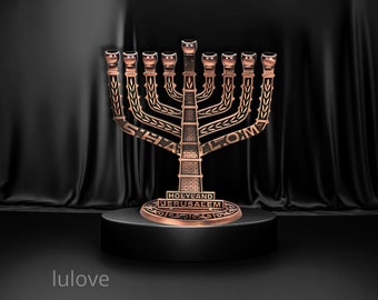 Authentique menorah traditionnelle d'Israël à 9 branches pour Hanoucca à la Knesset, en bronze rouge, à motifs israéliens - Menorahs pour 'Hanoucca.