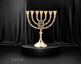 Customized Brass Copper 10 Inch / 25 cm Tall, Large Seven-Branched Menorah Featuring the Star of David, Authentic Vintage Israeli Candle