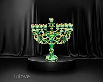 Gold-plated and green enamel with zircons inlay Hanukkah Menorah featuring 9 branches, made in Jerusalem, adorned with the Star of David.