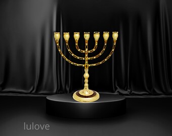 Handcrafted Copper Menorah with Enamel and Zircons, Featuring Seven Branches, 10 Inches Tall, Combining Authentic Israeli Design.