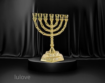 Cadeau pour Israël - Menorah de 17 cm de haut avec sept branches et douze tribus, plaqué en or 14 carats.