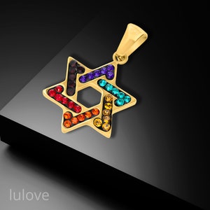 18K Gold Filled Custom Engraved Star of David Pendant Adorned with Multi-Color Swarovski Crystals,Personalized Magen David. Gift from Israel