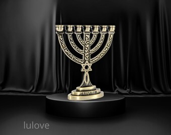 Antique-Style Custom Engraved 5-Inch Bronze Menorah Featuring a "Grafted In" Messianic Symbol, Vintage Candle Holder, Gift from Israel.