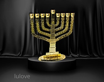 Authentic Gold-Plated 9-Branch Knesset Hanukkah Menorah from Israel, Adorned with Israeli Symbols.