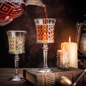 May include: Two wine glasses with gold rims and a geometric pattern, one filled with red wine, and a decanter pouring wine into the glass.