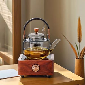 May include: A glass teapot with a black leather handle and a wooden knob on the lid sits on a wooden electric hot plate. The teapot is filled with a light brown liquid.
