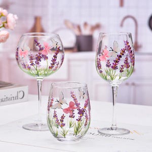 Painted Lavender Butterfly Wine Glasses, Wine Glass Set Of 2, Flower Wine Glasses, Gifts For Mom, Wine Gift, Birthday Gift, Gift For Her
