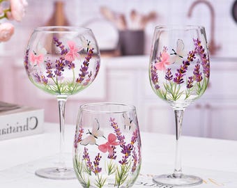Malte Lavendel Schmetterling Weingläser, Weinglas 2er-Set, Blumenweingläser, Geschenke für Mama, Weingeschenk, Geburtstagsgeschenk, Geschenk für sie