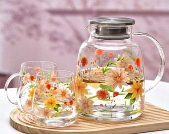 Juego de té de cristal con margaritas, tetera apta para estufa, tetera de cristal soplado, tetera de flores de gran capacidad, tetera de agua fría, tetera de cristal, regalo para ella