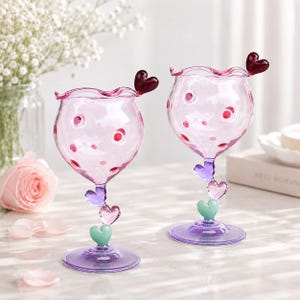 Cute Heart Stem Wine Glasses, Hand Blown Goblet, Aesthetic Wine Glass, Cocktail Cup, Romantic Glassware, Birthday Gift, Anniversary Gift