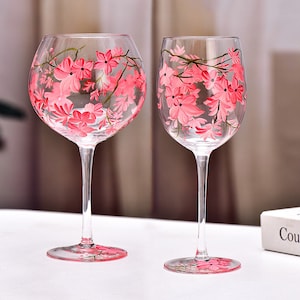 2 Red Violet Hand-Painted Wine Glasses, Floral Wine Glasses, Hand-Blown Wine Glass, Gift Of Spring, Personalized Glasses, Birthday Gifts
