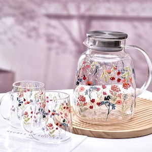 Service à thé en verre avec fleurs peintes, théière sans danger pour la cuisinière, théière en verre soufflé à la main, théière avec fleurs grande capacité, bouilloire froide, théière tasse à thé, service à thé cadeaux