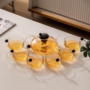 Enkel japansk teservis i glas, tekanna med teinfusionsrör, lämplig för lösbladigt blomte, spissäker tekanna, eftermiddagsteservis, julklapp