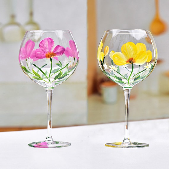 Set Di 4 Bicchieri Da Vino Dipinti A Mano Con Albero Delle Quattro Stagioni - Colorati Con Foglie E Fiori - Regalo Per Matrimoni E Compleanni - 2