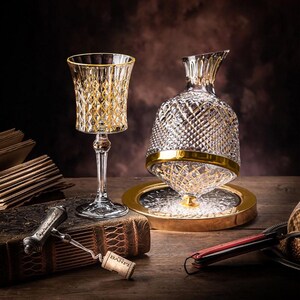 May include: A gold-trimmed crystal decanter with a matching glass and a corkscrew on a wooden table. The decanter has a round, domed shape and a gold band around the top. The glass is tall and slender with a gold rim. The corkscrew is silver and has a wooden handle.