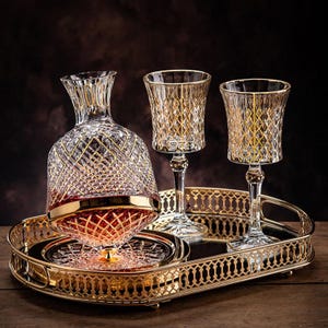 May include: A gold-trimmed glass decanter and two matching glasses sit on a gold-plated serving tray. The decanter and glasses have a diamond-shaped pattern.