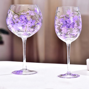 2 Violet Hand-Painted Wine Glasses, Floral Wine Glasses, Hand-Blown Wine Glass, Gift Of Spring, Personalized Glasses, Birthday Gifts