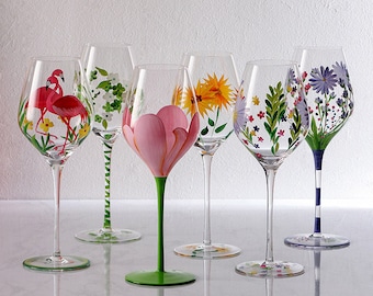 Bemalte Weingläser, 2 Rotweingläser, mundgeblasene Weingläser, Becher, personalisierte Gläser, Frühlings-Sommer-Weingläser, Geschenke für Weinliebhaber