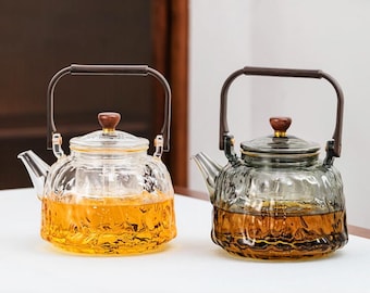 Bule de vidro, bule próprio para fogão, bule com infusor, bule de flores e frutas, bule soprado à mão, conjunto de chá, chá da tarde, presente de Natal