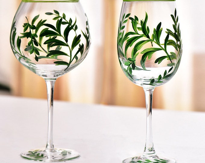 Hand-painted wine glasses with leaves, 2-piece wine glass set, hand-blown wine glasses, personalized glasses, wine sets, gift for her
