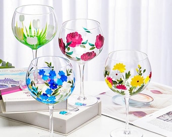 Hand-Painted Floral Wine Glasses: Colorful Flower Design, Set of 2