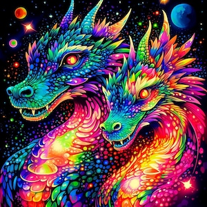 UVタペストリー「ドラゴンズラブ」ブラックライトグロートリッピー背景カラフルな背景スペース壁掛け装飾ボヘミアン背景先見の明のあるアートワーク