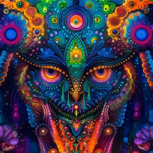 UV TAPESTRY «Astral Guardian» - Blacklight uv trippy backdrop psy trance print glow decor wall hanging spiritual psychedelic visionary art