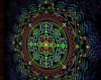 UV TAPESTRY «Sry Mandala»- Blacklight glow trippy sacred backdrop uv shri yantra meditation wall hanging fractal spiritual Ihti Anderson art