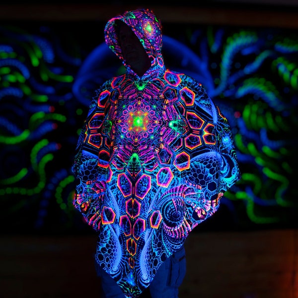 Magic PONCHO “Rising Energy” warm festival wear, Blacklight UV reactive cape, fractal Trippy Psytrance mantle, neon mandala, fractal poncho