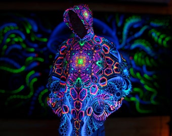 Magic PONCHO "Rising Energy" ropa cálida para festival, capa reactiva Blacklight UV, manto fractal Trippy Psytrance, mandala de neón, poncho fractal