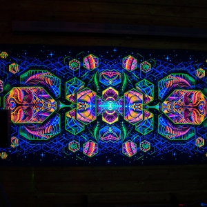 UV Backdrop «Dimension Matrix H» Blacklight Wall hanging tryppy psychedelic UV tapestry, Fluorescent Festival Fractal banner, Party decor
