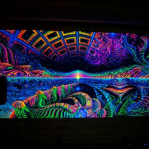ブラックライトアクティブバックドロップ惑星風景壁掛けトリッピーサイケトランスサイケデリックUVタペストリー、蛍光スペースシャーマニックデジタルアート