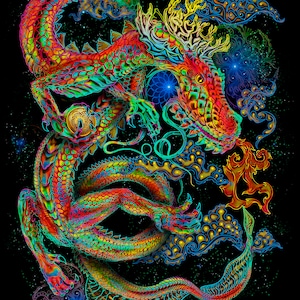 UV BACKDROP &quot;Fairytale Dragon&quot; - Ihtianderson psychedelic artwork black light trippy tapestry wall hanging psy decor active glow neon poster